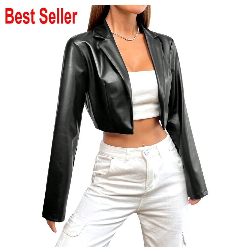Cropped PU Leather Moto Jacket, Asymmetrical Zipper, Quilted Shoulders, Sizes